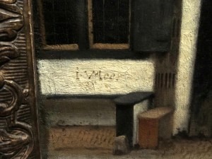 Vermeer scratched his signature into the paint in the lower left corner of the canvas.