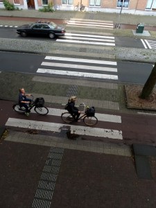 Pedestrians must take care at all times. Bikes zoom silently by, their riders assuming that you will stay out of their lanes. These lanes, from foreground to background are: Pedestrian sidewalk, bikes left to right, pedestrian median, cars left to right, pedestrian median, cars right to left, pedestrian median, bikes right to left, pedestrian sidewalk.