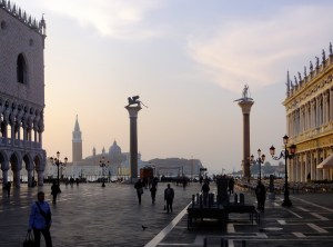 The Piazza San Marcos is nearly deserted at first light. By noon, it was crowded with tourists. It remained so into so into the evening, when competing orchestras entertain diners at sidewalk cafes. 