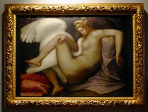 Leda And The Swan is another 16th century work by an unknown artist. The Correr's identification plaque says it is "after a painting by Michaelangelo." The eroticism is palpable.