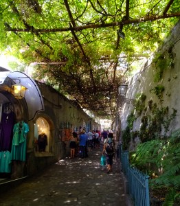 Positano is a pedestrian-only town. Narrow streets, lined with shops and restaurants, snake down to the beach far below.