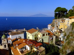 Sorrento lies on the Bay of Naples, with the unmistakable cone of Mount Vesuvius in the distance.
