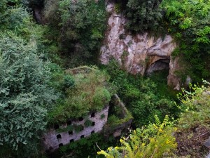 The ruins of an old flour mill lie hundreds of feet below the road in a prehistoric crevasse that was created by a volcano. It is known as the Valley of the Mills.