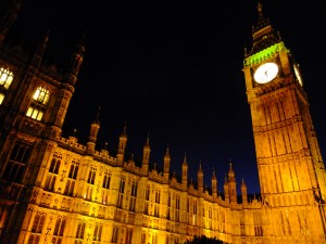 This section of London is bathed in dramatic lighting at night, Big Ben included.