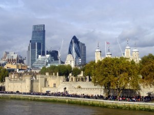 The new is juxtaposed with the old everywhere in London. The city's modern skyline, seeded with constuction cranes, provides the backdrop for the Tower of London. You can see by the crowds that it's a popular destination.