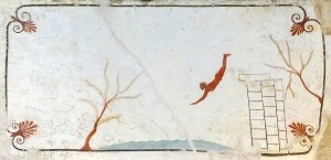 The Tomb of the Diver, c. 480-470 BC, is arguably the most amazing antiquity in the museum. This panel from the lid of the tomb shows a man diving from life (the known) into death (the unknown). The three columns he leapt off of were on the Rock of Gibraltar, which, at the time, was the limit of the known world.