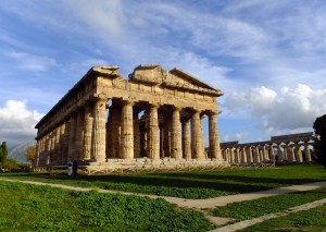 Here you can see the Classical lines of the Temple of Poseidon, c. 460-450 BC, next to the more primitive lines of the Temple of Hera, c. 550 BC.