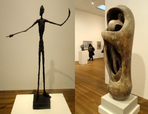 The Tate exhibits works by many world-famous modern artists. The sculpture on the left is Man Pointing by Alberto Giacometti. On the right is Upright Internal/External Form by Henry Moore.