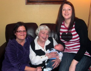 Our adopted family in Cappoquin includes retired travel writer Susan Poole McGraw. She is shown here with her granddaughter Dee (left), her great granddaughter Ashley (right), and her great great grandson Daniel (in Susan's arms).