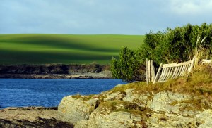 This view is in the area known as Oysterhaven. I love how all the elements in this photo come together - the rocks, the fence, the water, the green, and the shadows of couds on the hillside.