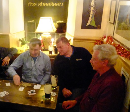 Our hosts are regulars at Cronin's. Here I am enjoying losing money in a friendly game of blackjack at the Sheebeen with host Brian (center) and his friends. 