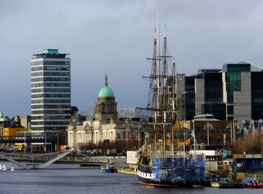Old Dublin lives right alongside new Dublin. The green-domed Customs House and the Jeanie Johnston Tall Ship and Famine Museum (the latter undergoing restoration) are framed by modern buildings.
