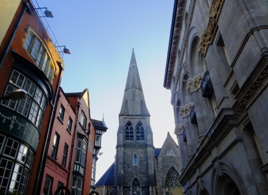 The modern and the historic blend in Dublin. The 19th century church in church in the center of this picture is now Dublin's Tourist Information Center.