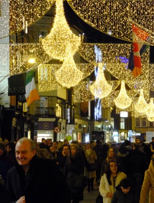 Here in the holiday season, Grafton Streeet is fabulously lit at night.